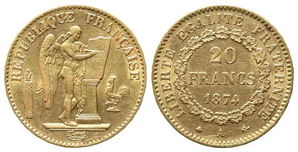 FRANCIA. Terza Repubblica (1870-1940). 20 Franchi 1874. Parigi. Au (6,45 g). SP...