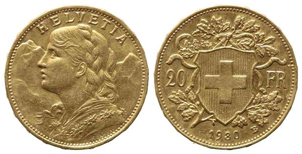 SVIZZERA. 20 Franchi 1930. Au (6,42 g). SPL...  - Asta Monete e medaglie moderne Italiane ed Estere - Bertolami Fine Art - Casa d'Aste