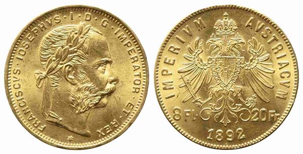 AUSTRIA. Francesco Giuseppe (1848-1916). 8 Fiorini/20 Franchi 1892. Au (6,45g)....