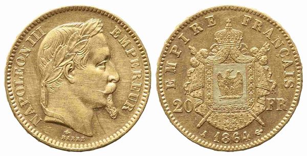 FRANCIA. Napoleone III (1852-1870). 20 franchi 1864. Parigi. Au (6,45 g). SPL, ...