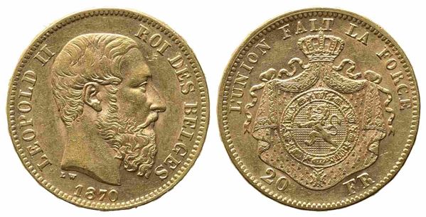 BELGIO. Leopoldo II (1865-1909). 20 Franchi 1870. Au (6,44 g). SPL...