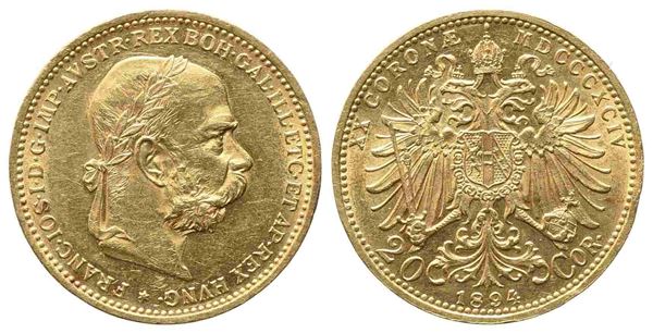 AUSTRIA. Francesco Giuseppe (1848-1916). 20 Corone 1894. Au (6,77 g). SPL. Colp...