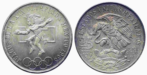 MESSICO. 25 Pesos 1968 Commemorativa Olimpiadi. Ag 720 (22,5 g). SPL+...  - Asta Monete e medaglie moderne Italiane ed Estere - Bertolami Fine Art - Casa d'Aste