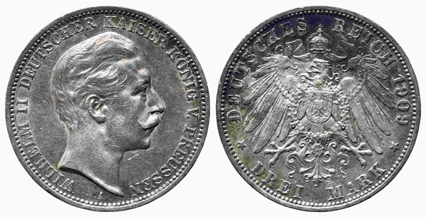 GERMANIA. Prussia. Guglielmo II  (1886-1918). 3 marchi 1909. Ag. SPL+...  - Auction Monete e medaglie moderne Italiane ed Estere - Bertolami Fine Art - Casa d'Aste