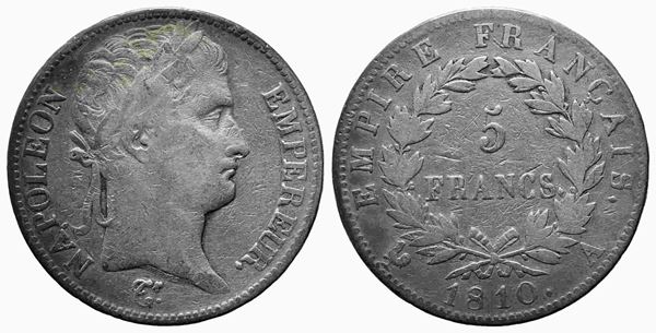 FRANCIA. Napoleone I (1804-1814). 5 franchi 1810. Parigi. Ag. qBB....