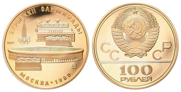 UNIONE SOVIETICA. 100 rubli 1980, Olimpiadi. Au titolo 900 (17,28 g). 1/2 oncia...