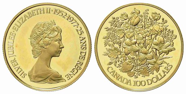 CANADA. 100 dollari 1977. 25 anniversario dell'incoronazione di Elisabetta II 1...