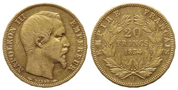 FRANCIA. Napoleone III (1852-1870). 20 franchi 1854. Parigi. Au (6,45 g). BB+...