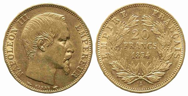 FRANCIA. Napoleone III (1852-1870). 20 franchi 1854. Parigi. Au (6,45 g). qSPL...