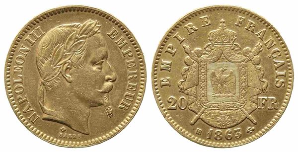 FRANCIA. Napoleone III (1852-1870). 20 franchi 1863. Strasburgo. Au (6,45 g). q...