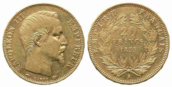 FRANCIA. Napoleone III (1852-1870). 20 franchi 1855. Parigi. Au (6,45 g). BB+...