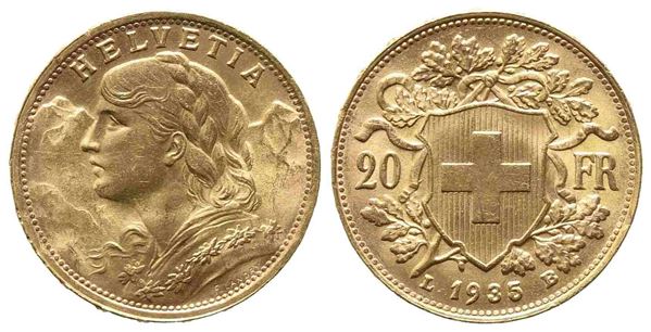 SVIZZERA. 20 franchi 1935. Au (6,45 g). qFDC...  - Auction Monete e medaglie moderne Italiane ed Estere - Bertolami Fine Art - Casa d'Aste