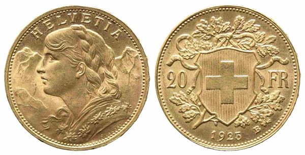 SVIZZERA. 20 franchi 1925. Au (6,45 g). qFDC...  - Auction Monete e medaglie moderne Italiane ed Estere - Bertolami Fine Art - Casa d'Aste