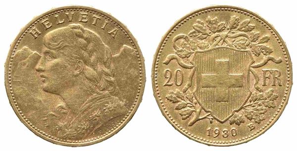 SVIZZERA. 20 franchi 1930. Au (6,20 g). BB...