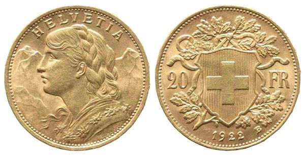 SVIZZERA. 20 franchi 1922. Au (6,45 g). qFDC...  - Auction Monete e medaglie moderne Italiane ed Estere - Bertolami Fine Art - Casa d'Aste