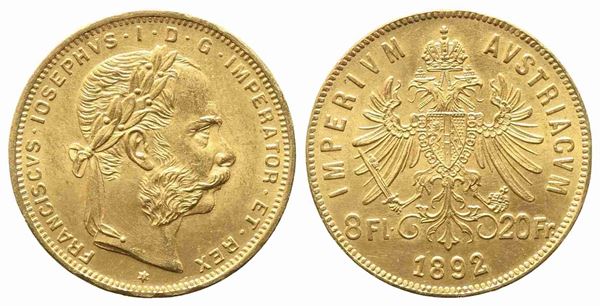 AUSTRIA. Francesco Giuseppe (1848-1916). 8 fiorini 1892. Au (6,45 g). SPL/FDC...