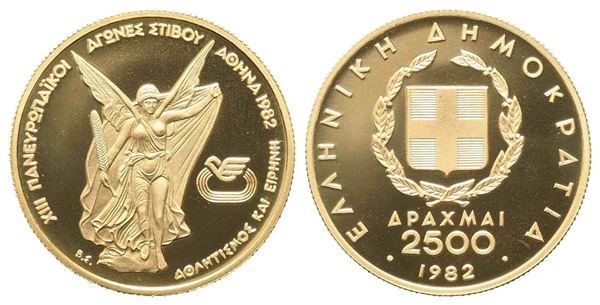 GRECIA. 2500 dracme 1982. Giochi Pan Europei. Au titolo 900 (6,45 g). PROOF...