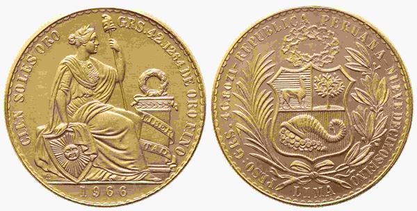 PERU'. 100 soles de oro 1966. Au titolo 900 (46,81 g, di cui 42,12 di oro puro)...  - Auction Monete e medaglie moderne Italiane ed Estere - Bertolami Fine Art - Casa d'Aste