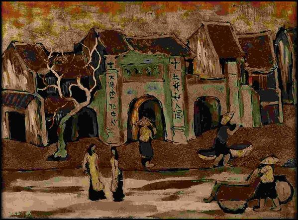 Vietnam, 1955-

Villaggio con figure, 1993

Lacca su legno, 28,5 x 39,5 cm

Fir...