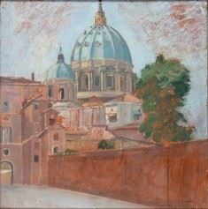 CARLO SOCRATE (Mezzana Bigli, 1889 - Roma, 1967) : Veduta di San Pietro, anni '30 ca.  - Olio su tavola, 50 x 48 cm  - Asta Dipinti, Disegni e Sculture dal XIX al XXI secolo e Collezione Cornelio Di Marzio - Bertolami Fine Art - Casa d'Aste