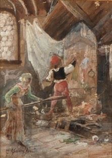 FEDERICO FARUFFINI (Sesto San Giovanni, 1833 &#8211; Perugia, 1869) : View on a painter's studio  - Mixed media on paper, 19 x 14 cm - Auction Dipinti, Disegni e Sculture dal XIX al XXI secolo e Collezione Cornelio Di Marzio - Bertolami Fine Art - Casa d'Aste