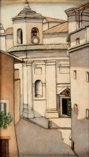 RICCARDO FRANCALANCIA (Assisi, 1886 - Roma, 1965) : View of Gallese's cathedral, 30's ca  - Oil on board, 24,5 x 14,5 cm  - Auction Dipinti, Disegni e Sculture dal XIX al XXI secolo e Collezione Cornelio Di Marzio - Bertolami Fine Art - Casa d'Aste