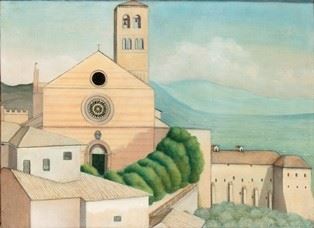 RICCARDO FRANCALANCIA (Assisi, 1886 - Roma, 1965) : View of Assisi's cathedral, 1928  - Oil on canvas, 43,5 x 58,5 cm  - Auction Dipinti, Disegni e Sculture dal XIX al XXI secolo e Collezione Cornelio Di Marzio - Bertolami Fine Art - Casa d'Aste