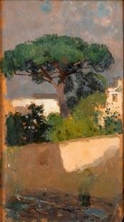 EDUARDO DALBONO (Napoli, 1841 - 1915) - Landscape with houses and tree