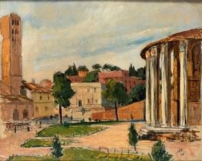 LUIGI SURDI : View of Ercole Vincitore temple in Rome, 1940...  (Arte Moderna e Contemporanea...)  - Mixed media on cardboard, 39 x 48,5 cm  - Auction Dipinti, Disegni e Sculture dal XIX al XXI secolo e Collezione Cornelio Di Marzio - Bertolami Fine Art - Casa d'Aste