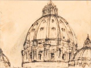 EMILIO VEDOVA (Venezia, 1916 - 2006) : Cupola di San Pietro  - Tecnica mista su carta, 23 x 30,5 cm  - Asta Dipinti, Disegni e Sculture dal XIX al XXI secolo e Collezione Cornelio Di Marzio - Bertolami Fine Art - Casa d'Aste