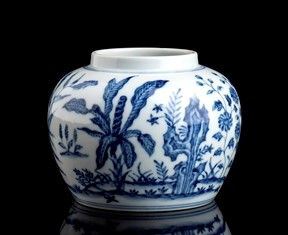 PICCOLA GIARA IN PORCELLANA &#8216;BIANCO E BLU&#8217; : Cina, XX secolo

L’esterno con un decoro di piante, marchio apocrifo di Chenghu...  - Auction Arte Asiatica e Tribale - Bertolami Fine Art - Casa d'Aste