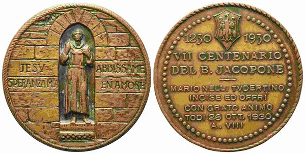 ITALIA. Medaglia 1930 A. VIII - VII Centenario Jacopone da Todi. Opus Nelli. Ae...