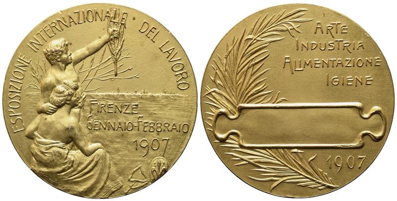 Firenze. Medaglia Esposizione Internazionale del Lavoro 1907. Ae Dorato (60 MM). Q.fdc