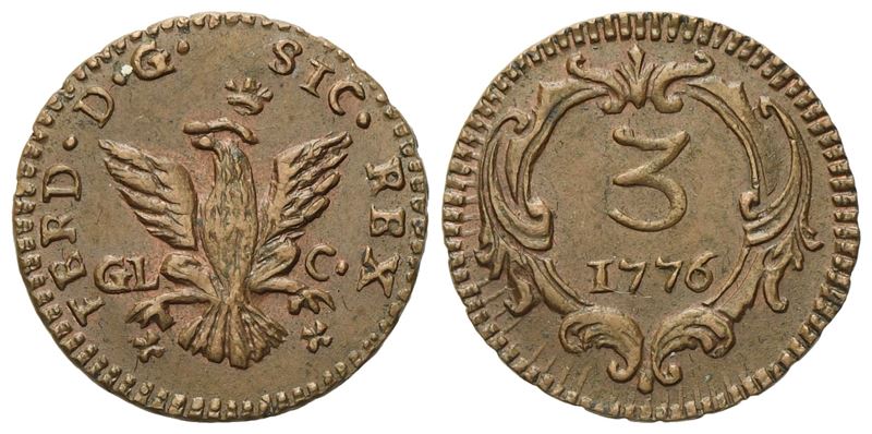Palermo. Regno di Sicilia. Ferdinando III di Borbone (1759-1816). Mezzo Grano 1776. Cu (2,20 G; 1...