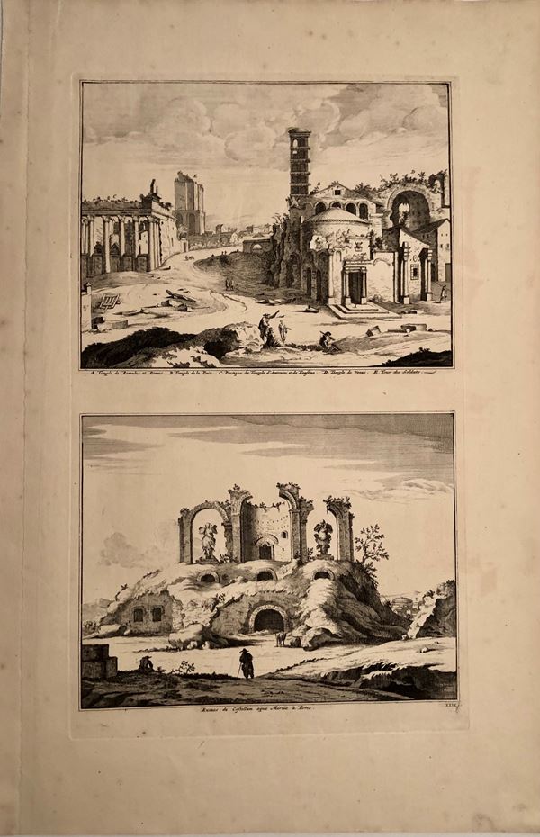 Lot of two plates depicting the monuments of Rome...