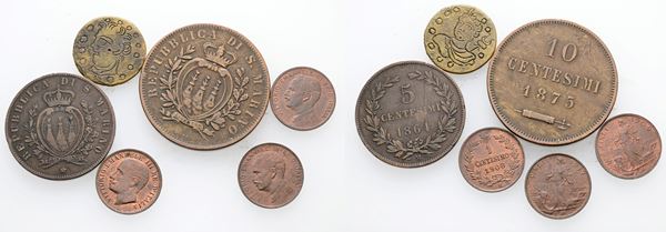 REGNO D'ITALIA - SAN MARINO. Lotto composto da 1, 2, 5, 10 centesimi ed un tondello inciso con figure maschili. 