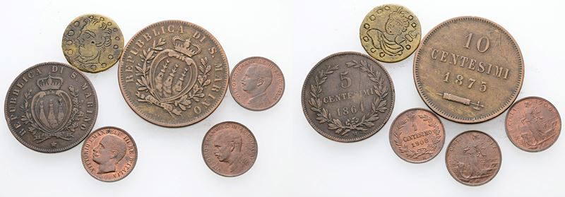 REGNO D'ITALIA - SAN MARINO. Lotto composto da 1, 2, 5, 10 centesimi ed un tondello inciso con fi...