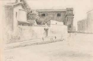 Lotto Composto da Due Disegni: Villa Borghese, 1938 di Orfeo Tamburi (a) e Vicolo di Paese, 1933 ...