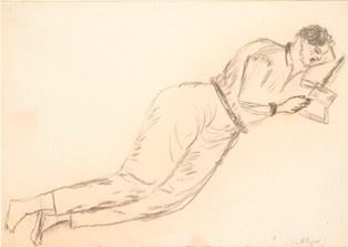 ANTONIETTA RAPHA&#203;L (Kaunas, 1895 - Roma, 1975) : Uomo in lettura, 1928  (Arte Moderna e Contemporanea...)  - Carboncino su carta, 32,5 x 43,7 cm - Asta Dipinti, Disegni e Sculture dal XIX al XXI secolo e Collezione Cornelio Di Marzio - Bertolami Fine Art - Casa d'Aste