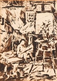 MIRKO BASALDELLA (Udine, 1910 - Cambridge, Massachusetts, Stati Uniti, 1969) : Painter's studio with his brother, 1937 ca.  - Ink on paper, 22 x 16 cm  - Auction Dipinti, Disegni e Sculture dal XIX al XXI secolo e Collezione Cornelio Di Marzio - Bertolami Fine Art - Casa d'Aste