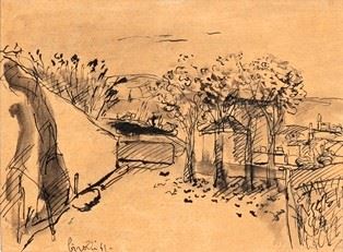 RENATO BIROLLI (Verona, 1905 - Milano, 1959) : Paesaggio, 1941  - Tecnica mista su carta, 21,5 x 28,5 cm  - Asta Dipinti, Disegni e Sculture dal XIX al XXI secolo e Collezione Cornelio Di Marzio - Bertolami Fine Art - Casa d'Aste