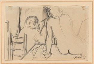 GIACOMO MANZ&#217; (Bergamo, 1908 - Aprilia, 1991) : Painter and his model  - Pencil on paper, 11 x 18 cm - Auction Dipinti, Disegni e Sculture dal XIX al XXI secolo e Collezione Cornelio Di Marzio - Bertolami Fine Art - Casa d'Aste