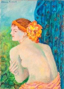 ADRIANA PINCHERLE (Firenze, 1905 - 1996) : Nuda (fiori in testa), 1992  - Oil on canvas, 72 x 52 cm  - Auction Dipinti, Disegni e Sculture dal XIX al XXI secolo e Collezione Cornelio Di Marzio - Bertolami Fine Art - Casa d'Aste