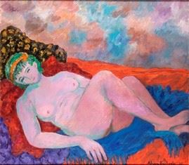 ADRIANA PINCHERLE (Firenze, 1905 - 1996) : La nuda sotto il cielo, 1995  - Olio su tela, 69 x 79 cm  - Asta Dipinti, Disegni e Sculture dal XIX al XXI secolo e Collezione Cornelio Di Marzio - Bertolami Fine Art - Casa d'Aste