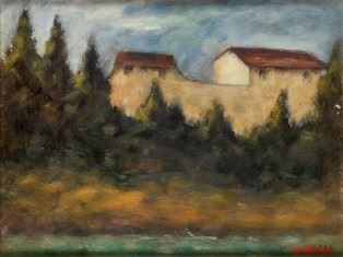 OTTONE ROSAI : Landscape with white houses, 1947 ca.  - Oil on board, 30 x 40 cm  - Auction Dipinti, Disegni e Sculture dal XIX al XXI secolo e Collezione Cornelio Di Marzio - Bertolami Fine Art - Casa d'Aste