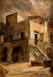 ANTONIO ASTURI (Vico Equense, 1904 - 1986) : Home in Capri, 1931  - Oil on canvas applied on cardboard, 20 x 14 cm - Auction Dipinti, Disegni e Sculture dal XIX al XXI secolo e Collezione Cornelio Di Marzio - Bertolami Fine Art - Casa d'Aste