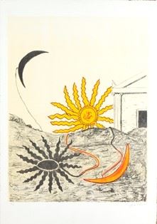 GIORGIO DE CHIRICO : Sole spento e luna crescente, 1969  - Four colours lithography, 73 x 50 cm  - Auction Dipinti, Disegni e Sculture dal XIX al XXI secolo e Collezione Cornelio Di Marzio - Bertolami Fine Art - Casa d'Aste