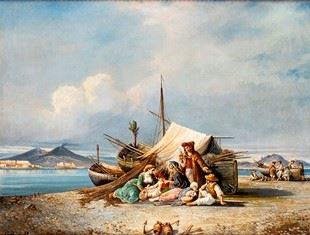 CONSALVO CARELLI : Famiglia di pescatori sul golfo di Napoli   - Olio su tela, 60 x 78 cm  - Asta Dipinti, Disegni e Sculture dal XIX al XXI secolo e Collezione Cornelio Di Marzio - Bertolami Fine Art - Casa d'Aste