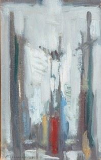 AMBROGIO FUMAGALLI (Cambiago, 1915 - Bolsena, 1998) : Abstract Crucifixion, 1962  - Mixed media on cardboard, 27 x 17 cm  - Auction Dipinti, Disegni e Sculture dal XIX al XXI secolo e Collezione Cornelio Di Marzio - Bertolami Fine Art - Casa d'Aste