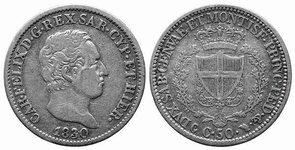 REGNO DI SARDEGNA. Carlo Felice (1821-1831). 50 centesimi 1830. Torino. Ag. R. ...